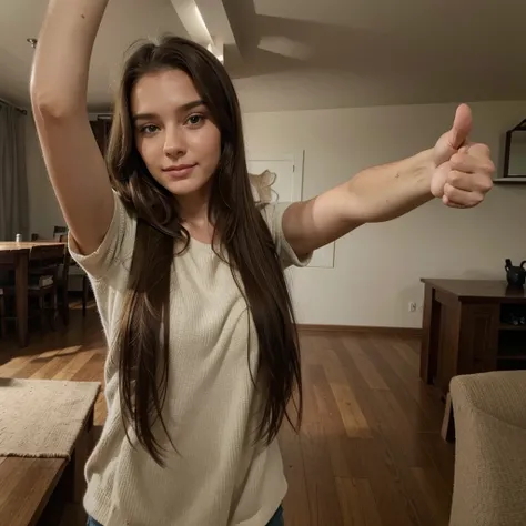 Thumbs up, selfie, brown hair, long hair, interieur maison, take herself, beauty, hd, réaliste, ultra réaliste, 4K, 1 personne, pouce en l’air