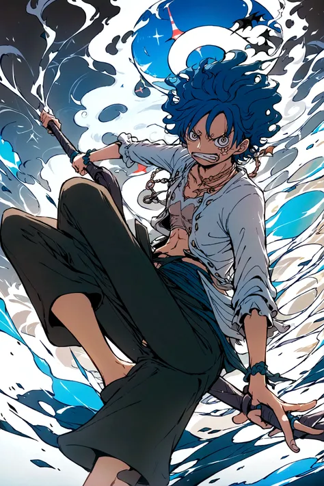 Anime onepiece, layers of using dark blue flames, use a bo as a weapon.