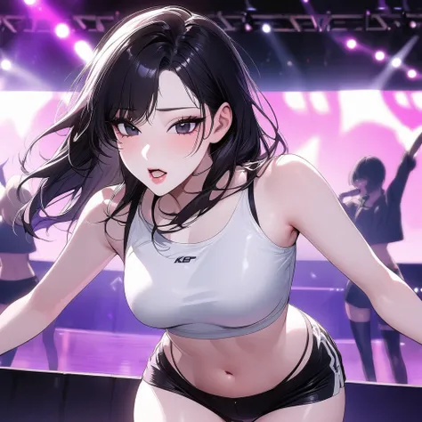 Girl, K-pop, idol, singing, stage, purple lights, beautiful, ethereal, Korean, hot, girl crush concept, pale skin, defined lips, curves, face focus, wink, korean, black hair, black eyes, crop top, booty shorts, slim, pretty, delicate