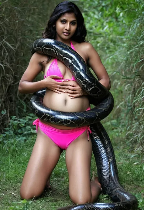 Pregnant  topless pink bikini Happy Horny, aroused 1girl), beautiful kneeling Indian  young teen girl with  giant colossal black titanboa squeezing her hard, wrapped in thick spiraling coils, constricted, struggle, gasping for air, snake attack, snake peri...