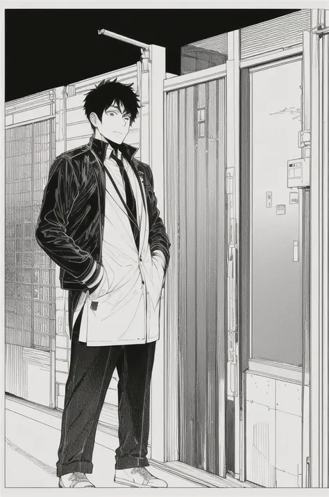 masterpiece, best quality, 1man, uniform, hand in pocket, school bag, black hair, black eyes,  cyberpunk, street,  monochrome, lineart