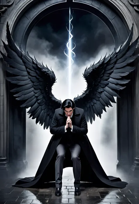 Create a dark book cover. 
With a man who is a fallen angel, with large black wings, he has black hair and white skin, he wears a black overcoat. 
He is standing bent over, with one knee on the ground, and behind him is a portal to hell