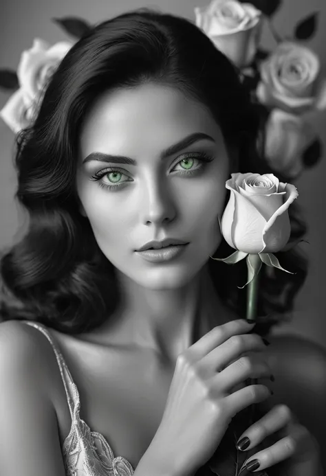 black and white, a woman with  green eyes, flawless skin, half body shot, holding a rose, whimsical photography style, captured with an Arriflex 35BL camera using Canon K25 prime lenses, cinematic, dramatic lighting, ultra clear, breathtaking surreal maste...