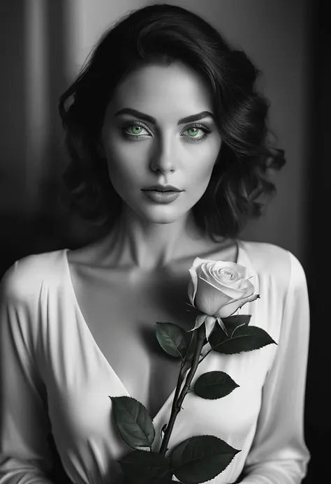 black and white, a woman with  green eyes, flawless skin, half body shot, holding a rose, whimsical photography style, captured with an Arriflex 35BL camera using Canon K25 prime lenses, cinematic, dramatic lighting, ultra clear, breathtaking surreal maste...