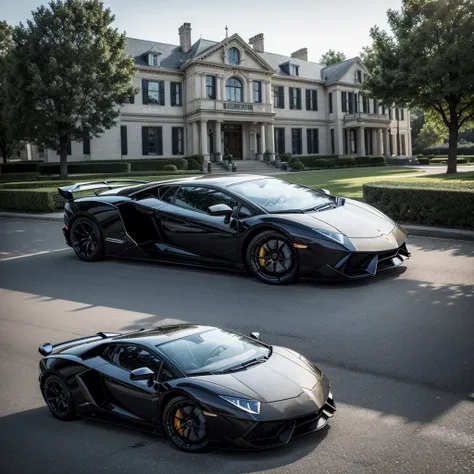 Create an ad, with a mansion and a Lamborghini in the background, with a man with arms crossed in the lower right corner, Written "Become a Millionaire in just 7 days" showing course and an e-book