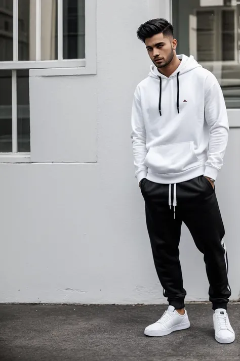 Full image of single man 
wearing white hoody with black pant and white shoes 