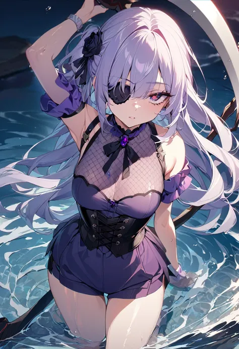 1 girl, masterpiece, best quality, fair skin, purple mesh, red pupils, corset, culottes, black scythe, black rose eyepatch, water, anime