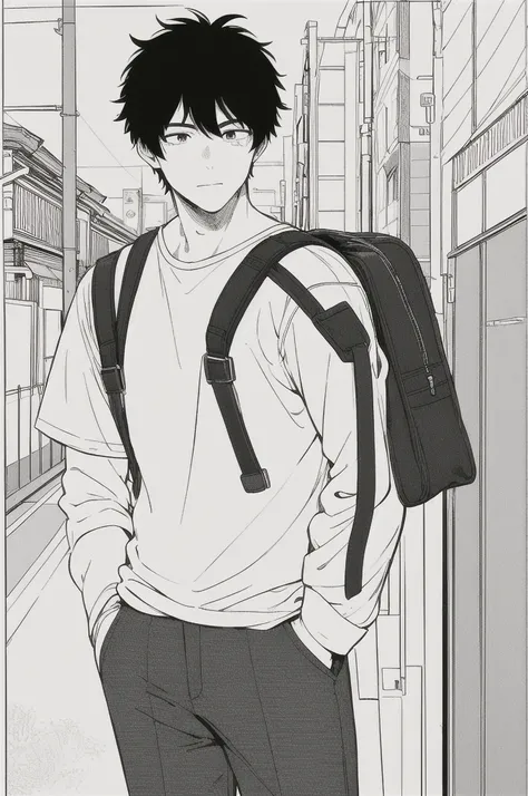 masterpiece, best quality, 1man, uniform, hand in pocket, school bag, black hair, black eyes,  cyberpunk, street,  monochrome, lineart