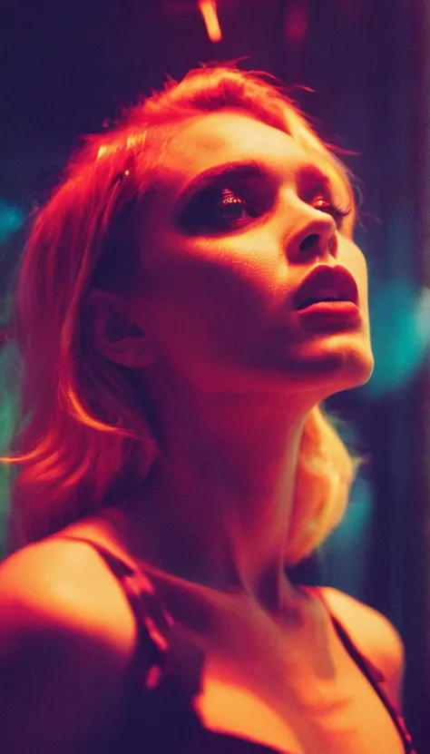 Three quarter profile view, fashion photoshoot, shot by Ellen Von Unwerth, lomography, starburst filter, grainy film, torso shot of a stunning Faroese woman with a hungry expression with fabulous makeup, light leaks, colorful lights, psychedelic, a hologra...