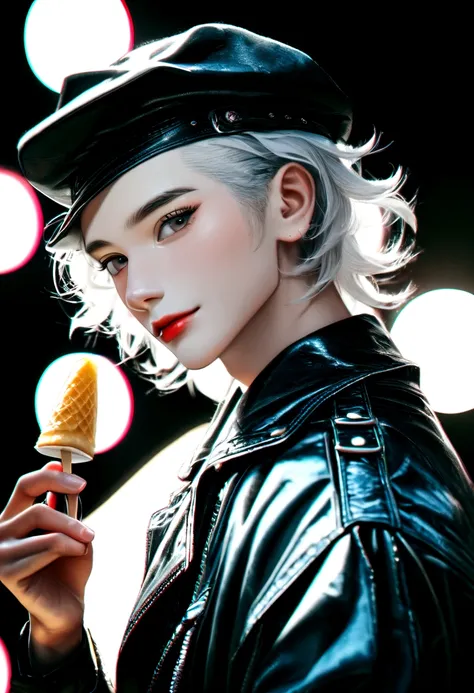 handsome mid-young man wearing a leather jacket, wearing a cap, with silver hair, holding ice cream, silver messy hair, handsome...