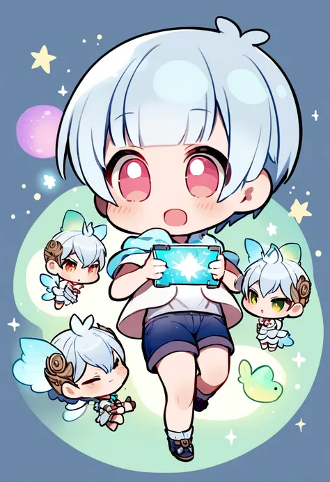 ((chibi boy playing computer))、Chibi de pêlo curto branco、Pixie Cut chibi、chibi in shorts, chibi, programer