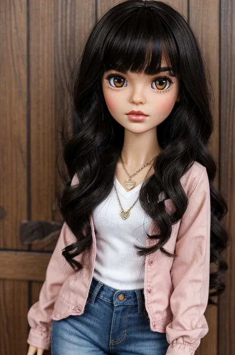 Make me a Blythe doll with wavy black hair, without fringes and medium length, light brown skin, Dark brown eyes, eyeliner, eyelashes, with blush, dark pink lips, Let your clothes be a top and baggy jeans and have a heart necklace 