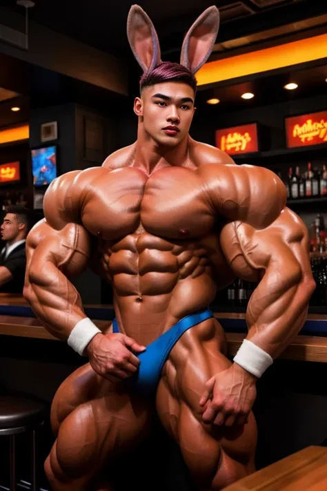 2 sexy Asian twinks with semi-short hair and a lot of body hair, super strong with a lot of muscle., They wear a very tight playboy bunny outfit, They are waiters at a gay bar, They are holding hands very nervous, young guys around him touch his muscles 