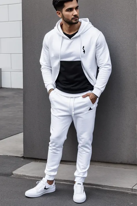 Full image of single man 
wearing white hoody with plain black choose pant and white shoes standing straight 