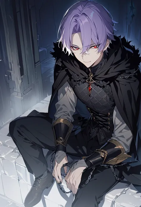 One boy, beautiful boy, masterpiece, best quality, smiling, fair skin, light purple hair, red pupils, corset, black robe, pants, sitting, chains, in the mist, anime