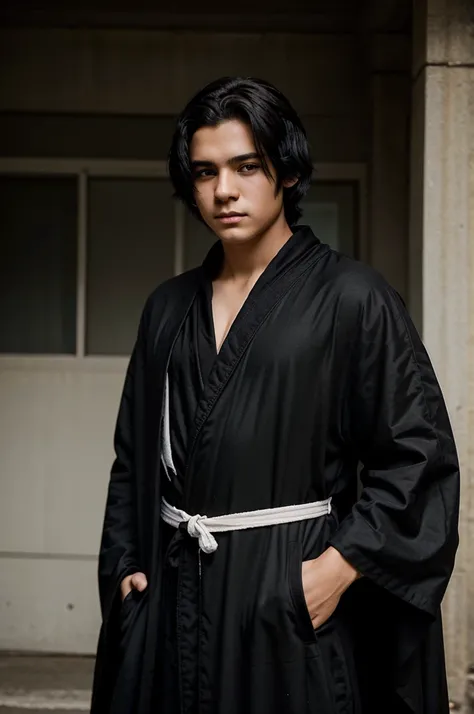 depict a cool 17 year old young man with black hair wearing a black robe