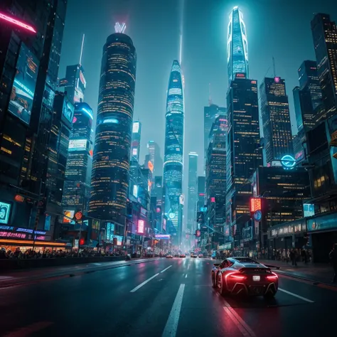 Imagine the scene, where the motorcycle floats in the air, surrounded by futuristic elements. Create an image of the future, where technology allows a motorcycle to fly over city skyscrapers, illuminated by neon lights and electric glare. Capture the dynam...