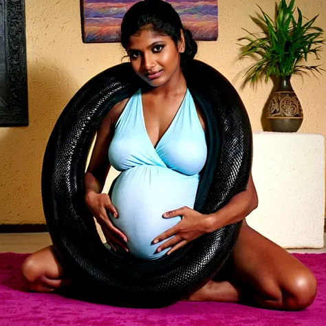  Pregnant  Happy Horny, aroused 1girl), beautiful kneeling indian young teen girl  with  giant colossal black titanboa squeezing her hard, wrapped in thick spiraling coils, constricted, struggle, gasping for air, snake attack, snake peril, moonless night, ...