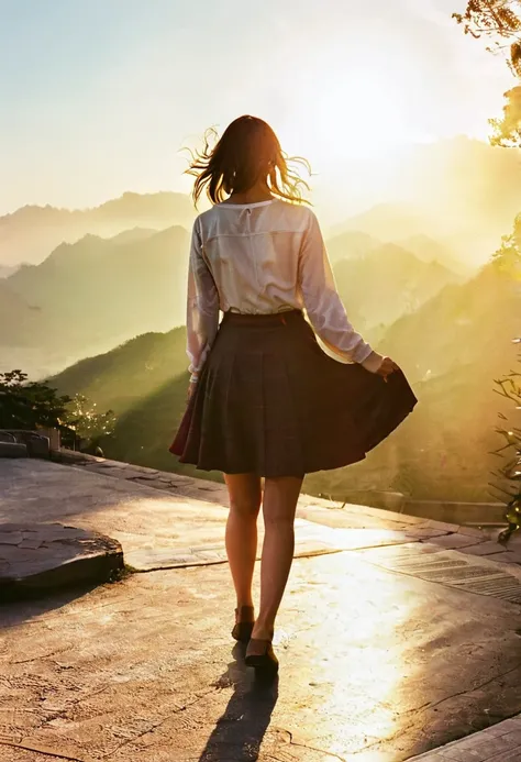 A rising sun，There are no clouds in the sky，A woman in a skirt，Heading towards the sun，长发女人的Back，Back，迎着阳光的Back，Simple picture，Very real，Minimalist style，Warm colors