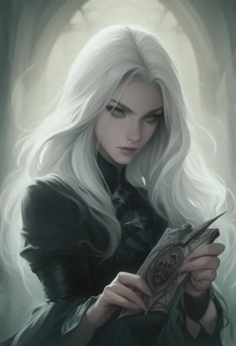 A beautiful female hot elven archer, long platinum hair, piercing green eyes, pale skin, holding a jade war-bow, dark fantasy setting, moody atmosphere, gothic aesthetic, (best quality,4k,8k,highres,masterpiece:1.2),ultra-detailed,(realistic,photorealistic...