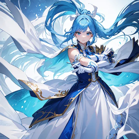 high resolution、high quality、masterpiece、detailed、1 female、Blue Hair、ponytail、White ribbon、White clothing with blue decorations、blue tie、Blue long skirt、Holding a large sword in both hands, he stands in a straight stance.、