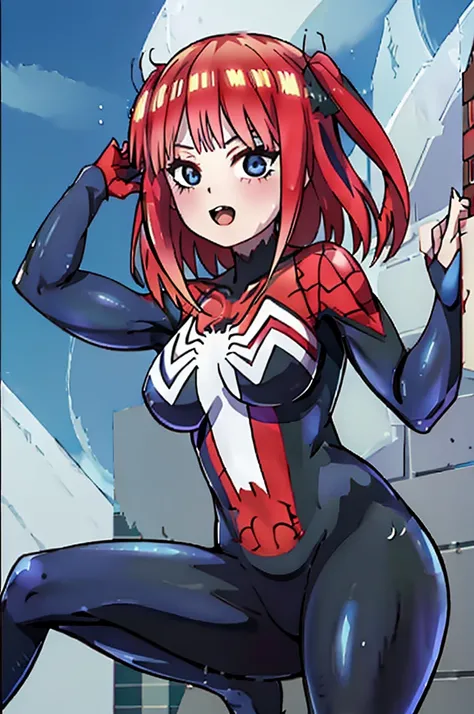 high-quality, detailed image of Nino Nakano wearing a Spider-Gwen suit, showcasing her distinctive twin tails and expressive features seamlessly blended with the sleek, stylish design of the superhero costume.





