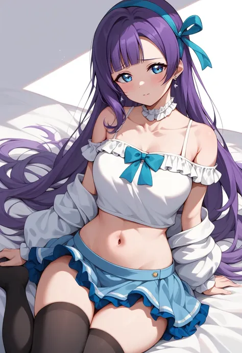 Masterpiece, beautiful , facial details,16 years old girl,8k wallpaper, Love Live, long hair, purple hair, blunt bangs,shy, white hair ribbon, blunt hair, white off shoulder crop top, blue frilled skirt,black thighhighs , higurashi style ,