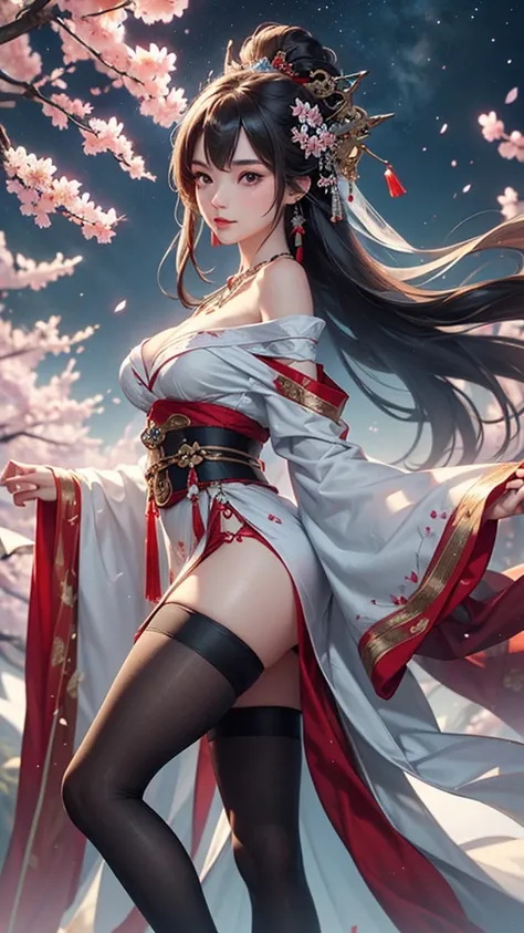 (masterpiece:1.5, Highest quality, Very detailed、 Dutch Angle、Semi-realistic、Fantasy)(One Girl, alone)(Silver Hair:1.6,,Straight Long Hair)(Wearing Han clothes, Royalty、White and red Hanfu:1.5,Thick fabric,Long sleeve)、((Off the shoulder、medium breasts, Be...