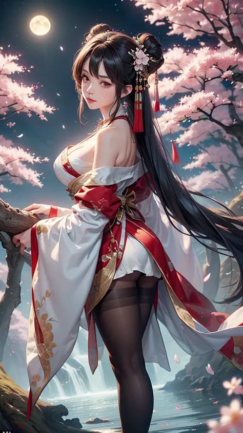 (masterpiece:1.5, Highest quality, Very detailed、 Dutch Angle、Semi-realistic、Fantasy)(One Girl, alone)(Silver Hair:1.6,,Straight Long Hair)(Wearing Han clothes, Royalty、White and red Hanfu:1.5,Thick fabric,Long sleeve)、((Off the shoulder、medium breasts, Be...