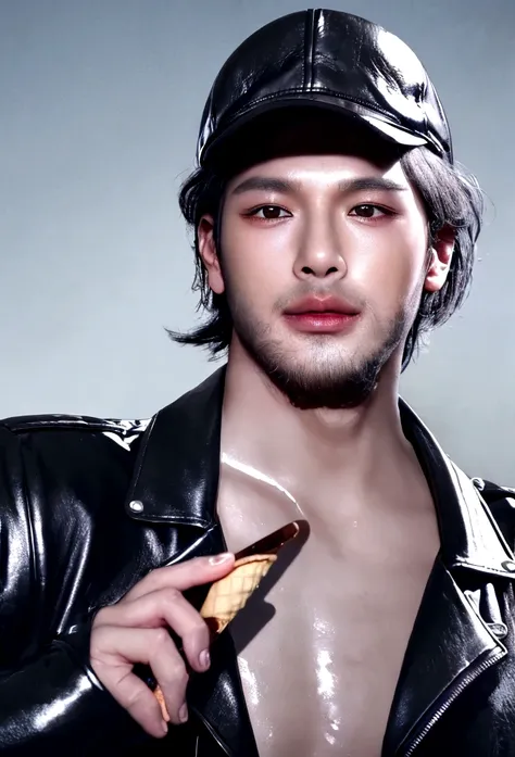 handsome mid-young man wearing a leather jacket, wearing a cap, with silver hair, holding ice cream, silver messy hair, handsome...