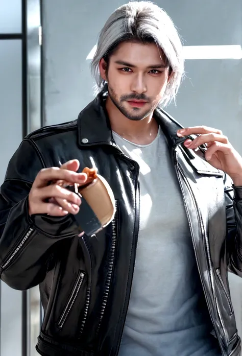 handsome mid-young man wearing a leather jacket, wearing a cap, with silver hair, holding ice cream, silver messy hair, handsome...