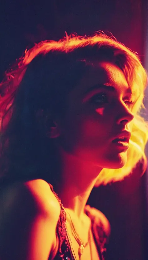 Three quarter profile view, fashion photoshoot, shot by Ellen Von Unwerth, lomography, starburst filter, grainy film, torso shot of a stunning Faroese woman with a hungry expression, light leaks, colorful lights, psychedelic, a hologram, holography, monoto...