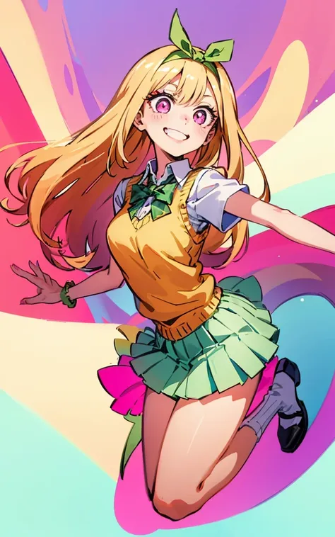 Marin kitagawa, long hair, marin drssed up as Yotsuba Nakano, long blonde hair with pink ends, sparkling pink eyes, sweet face, cheery, playful happy face, lovely, 4k, perfect quality, excellent fusion, excellent character design, green ribbon, sleeveless ...