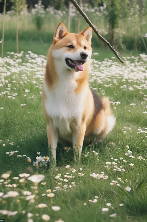 A Shiba Inu standing in a lush meadow filled with white daisies. The dog seems happy, Stick your tongue out, Maybe they&#39;re gasping for air or laughing.. wood々Sunlight shining through, Casting a warm glow on the scene, Creates a calm and peaceful atmosp...