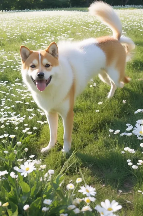 A Shiba Inu standing in a lush meadow filled with white daisies. The dog seems happy, Stick your tongue out, Maybe they&#39;re gasping for air or laughing.. wood々Sunlight shining through, Casting a warm glow on the scene, Creates a calm and peaceful atmosp...