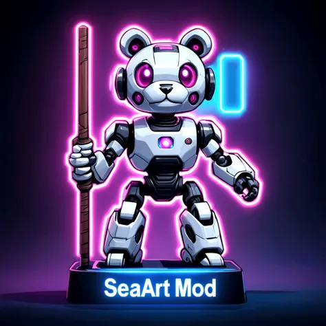 cyberpunk style, a cybernatic cute bot, with a stick in hand, "seaart mod" is written in bottom, neon sign boar