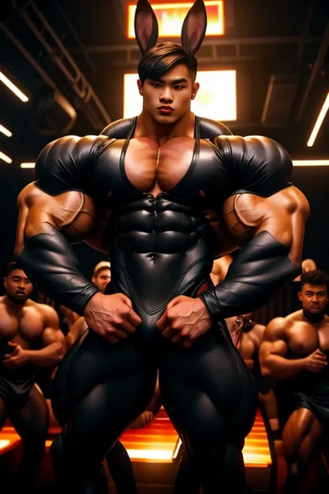 2 sexy Asian twinks with semi-short hair and a lot of body hair, super strong with a lot of muscle., They wear a very tight black playboy bunny outfit., waiters at a gay nightclub, stagnating his muscles, young guys around him touch his muscles 