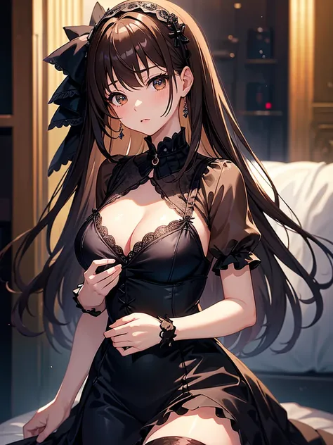 master piece, extremely detailed, high resolution,Makoto Shinkai style、high school girl、1 girl、Slim figure、Upper body only、Gothic Lolita design bra、Cute panties with a gothic lolita design、Glossy, plump lips、Shiny Hair、Brown Hair、Long Straight Hair、Mid-che...