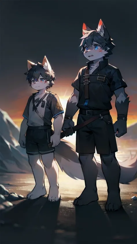 White Wolf，black hair，Sky blue eyes，hairy，Wolf ears，Wolf tail，Full body portrait，The character is in the center of the frame，Handsome，Confident eye***but，juvenile，Black and white combat uniform，Red neck bib，Black shorts，Short sleeve，hairy arms and legs，Dar...