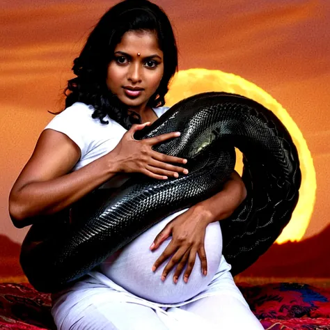  Pregnant  Happy Horny, aroused 1girl), beautiful kneeling indian young teen girl  with  giant colossal black titanboa squeezing her hard, wrapped in thick spiraling coils, constricted, struggle, gasping for air, snake attack, snake peril, moonless night, ...