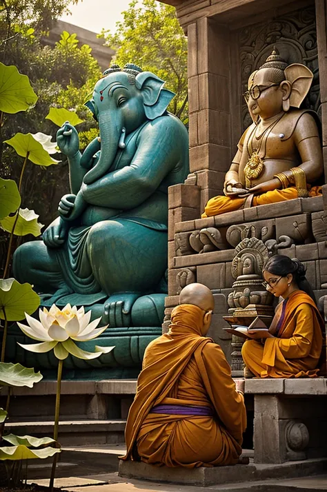 A woman wearing glasses listens to a monk reading a book to her on a lotus flower and she looks at Ganesha from the ground.