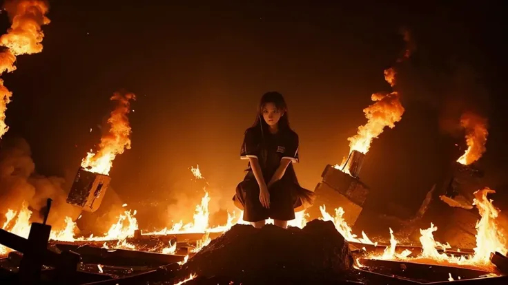 A kpop girl idol with brown hair is standing in the center of a room filled with flames. Close up shot