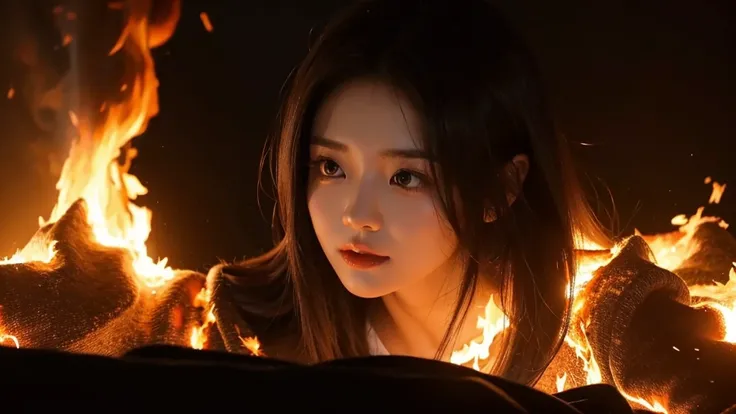 A kpop girl idol with brown hair is standing in the center of a room filled with flames. Close up shot