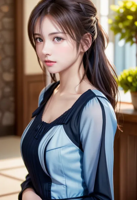 8K, of the highest quality, masutepiece:1.2), (Realistic, Photorealsitic:1.37), of the highest quality, masutepiece, Beautiful young woman, Pensive expression,、A charming、and an inviting look, Cute Maid Clothes, Hair tied back, Cinematic background, Light ...