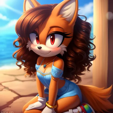 mobian, solo, hedgehog, two-tone fur ((orange fur, brown fur)), embroidered mesh loose blouses, high-top sneakers, small breasts, two-tone hair (brown hair, black tip)), curly hair, halo, sunglasses, jewelry, red eyes, longeyelashes, red eyes, smile, shy, ...