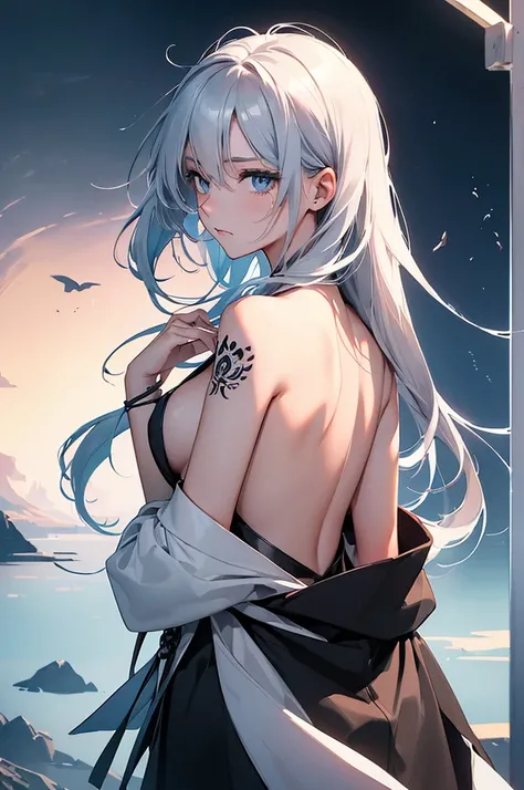 (Image from chest up:1.4)((masterpiece:1.5,Highest quality,Beautiful images、Sketch、2.5D、Ink Painting、Abstract、Artistic、Portraiture))(1girl, 独奏)(medium breasts, Silver Hair、long hair、sideboob、Exposing shoulders、Tattoo on shoulder)(横顔のPortraiture,Gaze sidewa...