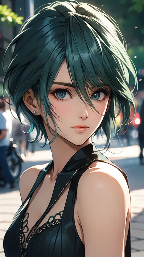 1 female, tamaki, green short hair, hair between eyes, (detailed eyes:1.3), street fashion, boyish