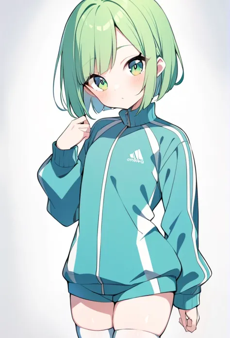 1 girl, cute, young, green hair, bob haircut, green eyes, tracksuit, thigh high,