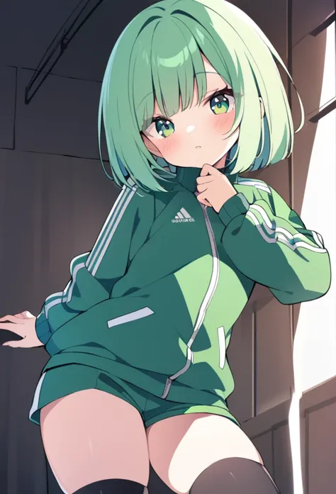 1 girl, cute, young, green hair, bob haircut, green eyes, tracksuit, thigh high,