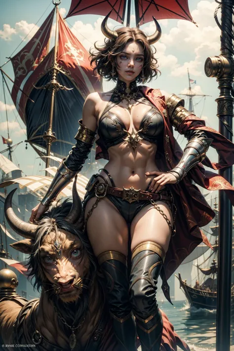 red minotaur woman, with horns, sexy on a pirate ship and an eye patch, fully body 